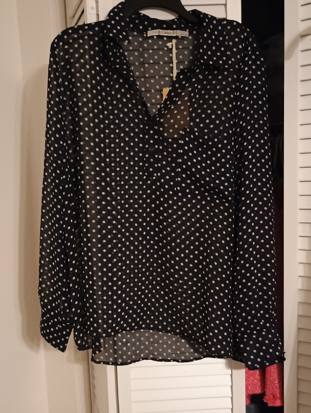 Gibson Navy Sheer Polka Dot Blouse